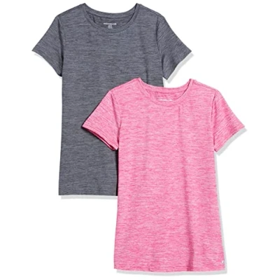 Abbildung von Amazon Essentials Damen Kurzärmliges Tech Stretch T Shirt mit Rundhalsausschnitt (in Übergröße erhältlich), 2er Pack, Himbeere Space dye/Kohlegrau dye, XS