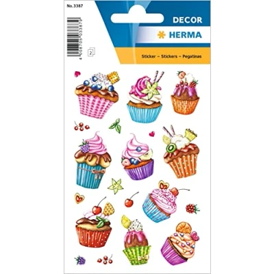 Abbildung von HERMA 3387 Aufkleber Cupcakes Glitzer klein groß, 20 Stück, Muffin Sticker mit Törtchen Gebäck Früchte Essen Motiv, Kinder Etiketten für Fotoalbum Tagebuch Poesiealbum Scrapbooking Geburtstag Deko