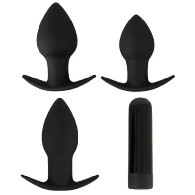 Abbildung von 4 teiliges „Butt plug set“ mit 3 Analplugs + 1 Vibrobullet
