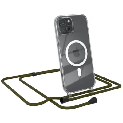 Abbildung von EAZY CASE Handykette kompatibel mit iPhone 15 Kette zum Umhängen Stoßfest Handyhülle für Silikon Hülle Band Handytasche Transparent als Fallschutz in Grün Clips Schwarz