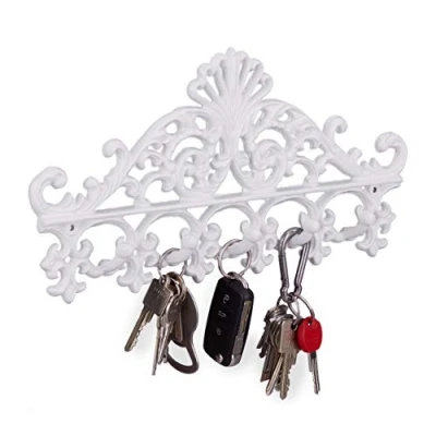 Abbildung von Relaxdays Garderobenleiste aus Gusseisen, 5 Haken, Antiker Landhausstil, HBT: ca. 17 x 35 3,5 cm, Hakenleiste, weiß