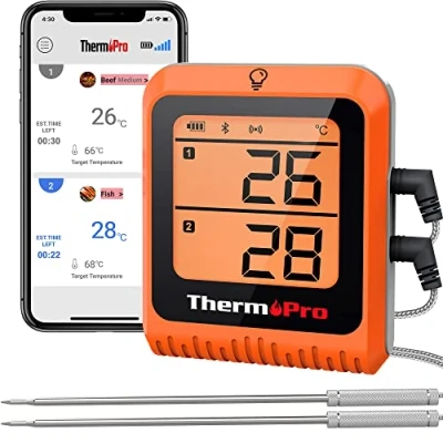 Abbildung von ThermoPro TP25H2 Küchenthermometer mit Timer und Alarmfunktion, 150 Meter, Empfängt Bluetooth, Thermometer für Fleisch, Grill, Ofen