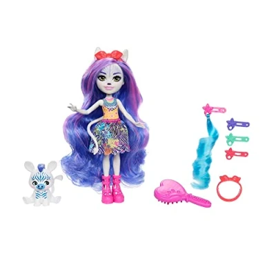 Abbildung von Enchantimals Zemirah Zebra Puppe mit langem, glamourösem Haar, begleitet von Bester Freundin Grainy, insgesamt 5 Haarspiel Accessoires, Geschenk für Kinder ab 4 Jahren, HNV28