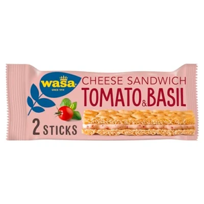 Abbildung von Wasa Sandwich Tomato &amp; Basil 24x40g Knäckebrot Snack aus Weizenmehl mit einer Füllung Käse, Getrockneten Tomaten Basilikum, je 2 Sticks, Perfekt für unterwegs