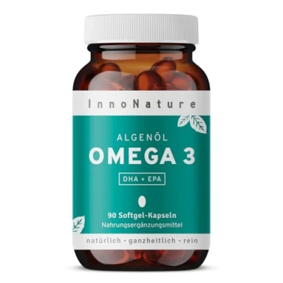 Abbildung von vegan Omega 3 Kapseln aus Mikroalgenöl. 1.980 mg Premium Algenöl mit DHA + EPA pro Tagesdosis. 90 Kapseln. Hochdosiert, (Algen) und hergestellt in DE.