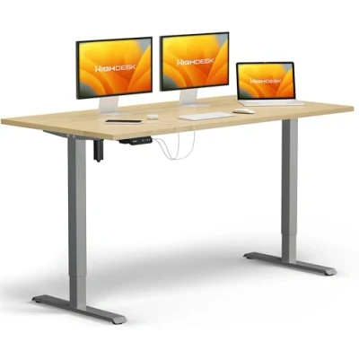 Abbildung von KRIEG HighDesk SMART Höhenverstellbarer Schreibtisch (Silber + Ahorn I 160 x 80 cm) Elektrischer Sitz &amp; Stehtisch mit Tischplatte Stehschreibtisch Elektrisch Höhenverstellbar