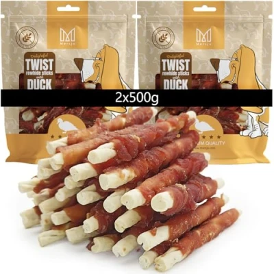 Abbildung von MERSJO Hundeleckerlis Twist Rohhaut Sticks mit Entenfleisch, 2x500g, 12 13 cm, Glutenfrei, Natürlicher Kausnack für Hunde