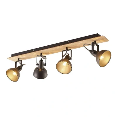 Abbildung von Lindby Strahler Aylis, Industrielles Design, Stahl, Holz, Schwarz, holz hell, 4 flammig, E14