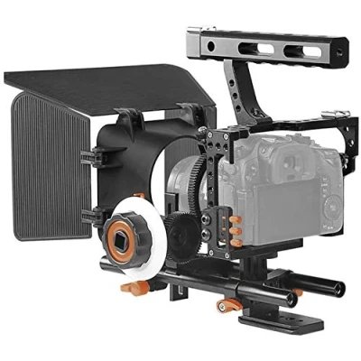 Abbildung von Andoer C500 Camera Rig Aluminiumlegierung Kit mit Kamera Cage, Matte Box+ folgt, Follow Focus+ Handgriff + 15mm Rod, Kamerarecorder Videokäfig Installationssatz Film für Panasonic GH4