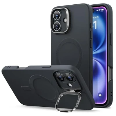 Abbildung von ESR für iPhone 16 Hülle, Silikon Hülle mit Ständer, kompatibel MagSafe, integrierter Kameraständer, magnetische Handyhülle 16, Cloud Serie, Schwarz