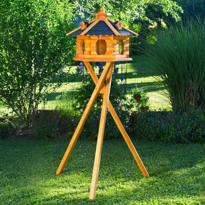 Abbildung von Deko Shop Hannusch Vogelhaus wahlweise mit Ständer und Solarbeleuchtung, Verschiedene Größen L XXL, Futtersilo, wetterfestes Bitumendach (Größe riesig XXL Ständer, schwarz)
