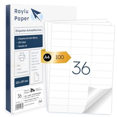 Abbildung von Raylu Paper ® selbstklebende weiße Etiketten zum Drucken, Papieraufkleber auf A4 Bögen für Inkjetdrucker, Laser und Fotokopierer, 36 pro Blatt (70 x 25 mm)