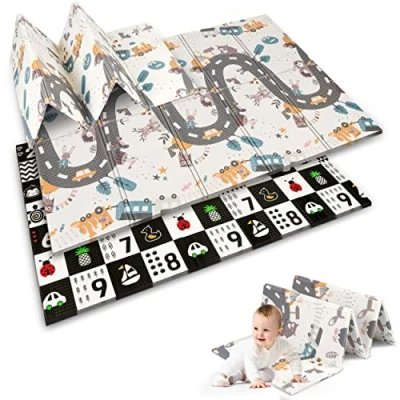 Abbildung von NUKIDO Baby Schaumstoffmatte Doppelseitig Niedlich Buntes Design zum Spielen Krabbeln Faltbar 200x180 cm NK 340 Kontrastweg Muster