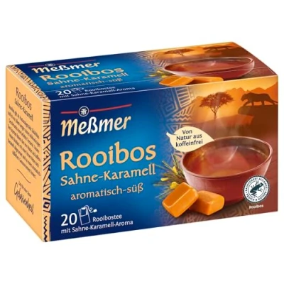 Abbildung von Meßmer Rooibos Sahne Karamell Tee aromatisiert 20 Teebeutel Vegan Glutenfrei Laktosefrei Von Natur aus koffeinfrei