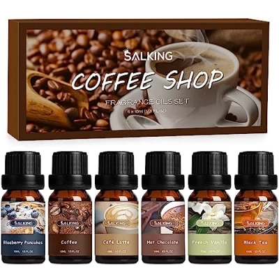 Abbildung von SALKING Café Ätherische Öle Set, Aromatherapie GeschenkSet, Pure Duftöle für Diffuser Duftlampen Luftbefeuchter, 6x10 ml (Blaubeerpfannkuchen, Kaffee, Latte, Schokolade, Vanille, schwarzer Tee)