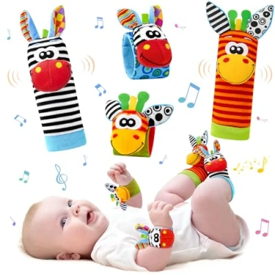 Abbildung von 4PCS Baby Spielzeug Rasseln Socken und Handgelenk, Plüschtier Spiel Rassel Socken, Rasselsocken Weiche Sensorische Spielzeuge für Neugeborene Jungen Mädchen 0 6 Monate 12