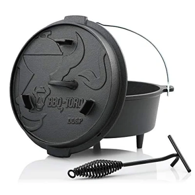 Abbildung von BBQ Toro Dutch Oven Premium Serie 7,3 Liter (DO6P), Topf mit Füße bereits eingebrannt preseasoned Verschiedene Größen Gusseisen Kochtopf Bräter Deckelheber