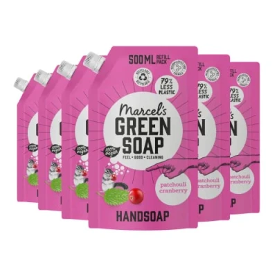 Abbildung von Marcel&#039;s Green Soap Handseife Nachfüllpack Patchouli &amp; Cranberry Flüssigseife Spender 100% Umweltfreundlich Vegan 6er Pack 500 ml