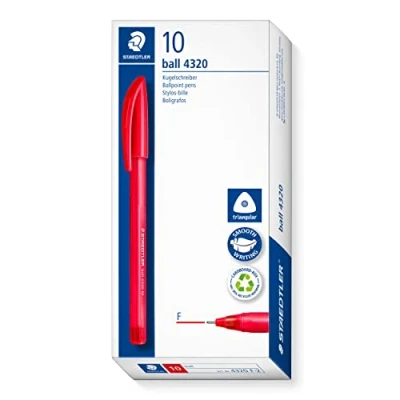 Abbildung von STAEDTLER dreikant stick Kugelschreiber, Schreibfarbe rot, Linienbreite F ca. 0,7 mm, für entspanntes Schreiben, 10 rote Kugelschreiber im Kartonetui, 4320 2