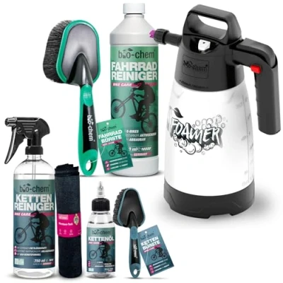 Abbildung von bio chem Fahrrad Reinigungsset PREMIUM 7 teilig Gründliche &amp; materialschonende Pflege: Fahrradreiniger 1000 ml + Kettenreiniger 750 Kettenöl 100 Schaumsprüher 2 Reinigungsbürsten Tuch