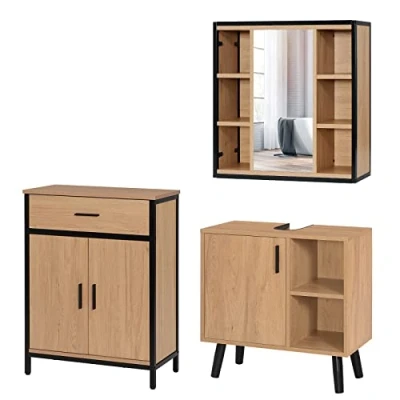 Abbildung von EUGAD Badezimmer Badmöbel Set Waschbeckenunterschrank Unterschrank Badezimmerschrank mit Spiegelschrank Hängeschrank für Bad, Badkommode Metall + Holz Model 16