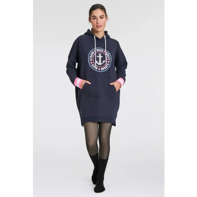 Abbildung von Zwillingsherz Sweatkleid &quot;Zuhause am Strand&quot; mit Kapuze, Taschen, Front und Backmotiv Bündchen Neonstreifen