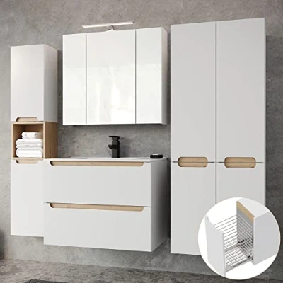 Abbildung von Lomadox Badmöbel Komplett Set, Hochglanz weiß mit Trüffel Buche, 80cm Waschtischunterschrank &amp; Keramik Waschtisch LED Spiegelschrank