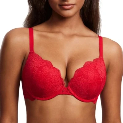 Abbildung von DOBREVA Damen Push Up BH Mit Spitze Gepolstert Plunge Bügel Vollschalen BHS Gemoldete Cups Lippenstift Rot 80D