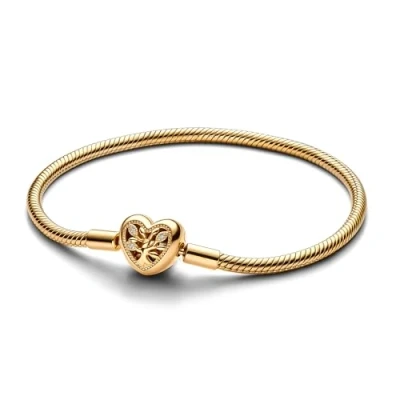 Abbildung von PANDORA Moments Stammbaum Herzverschluss Schlangen Gliederarmband aus Sterling Silber mit vergoldeter Metalllegierung, Kompatibel Charms, Größe: 16 cm, 563516C01