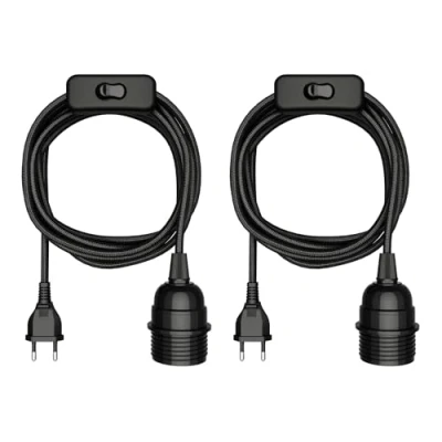 Abbildung von ledscom.de 2 Stück Textilkabel LEKA, Stecker, Schalter, schwarz, 3 m, Lampen Fassung, 1x E27 max. 60W