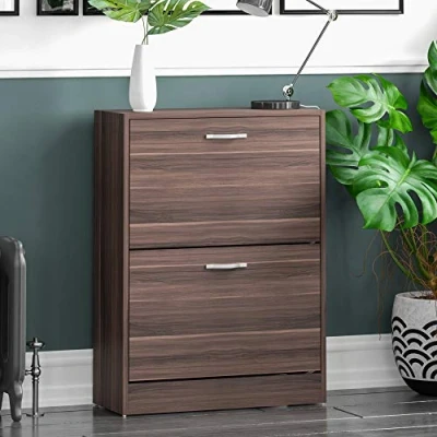 Abbildung von Vida Designs Schuhschrank mit 2 Schubladen, Schrank, Schuhaufbewahrung, Organizer, herunterziehbares Holzmöbel, Walnuss