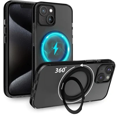 Abbildung von MyGadget Hülle für iPhone 14 13 [ kompatibel mit MagSafe und 360 Ständer] magnetische Hybrid Handyhülle Rückseite Hart Rand Silikon ] Schwarz