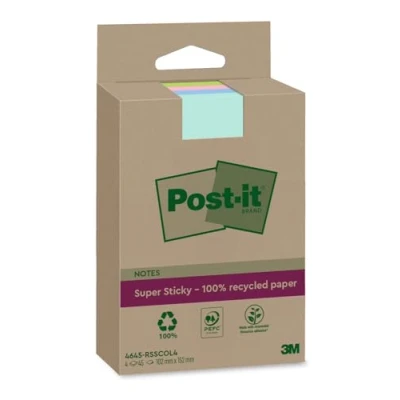 Abbildung von Post it Super Sticky 100 % Recycling Notes, Liniert 4 Blöcke, 45 Blätter pro Block, 102 mm x 152 Extra starke Haftnotizen aus Recyclingpapier