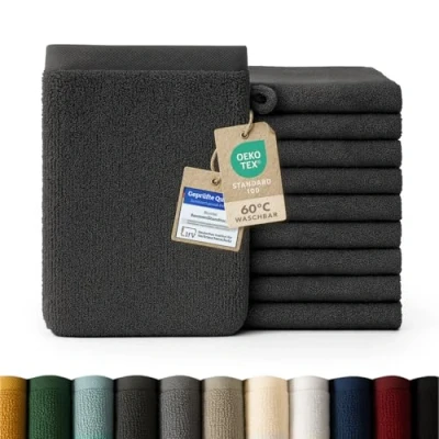 Abbildung von Blumtal Waschhandschuh 10er Set aus Frottee 15x20 cm weich und saugstark, (Set), mit modischer Bordüre praktischer Aufhängeschlaufe, 100% Baumwolle