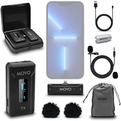 Abbildung von Movo WMX 2 L Kabelloses Lavalier Mikrofon für iPhone mit Ladekoffer, Onboard Mikrofon, Ansteckmikrofon, 7 Stunden Akku, 328 Fuß Reichweite, einstellbare Verstärkung, LED Anzeige, Videoaufnahme