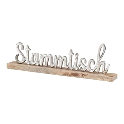 Abbildung von levandeo Schriftzug Stammtisch L40cm Metall Mango Silber Holz Tischdeko Deko Aufsteller Wohndekoration Geschenk