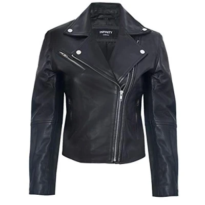 Abbildung von Damen Lederjacke Klassisch Motorradfahrer Style Schwarz Echtes S