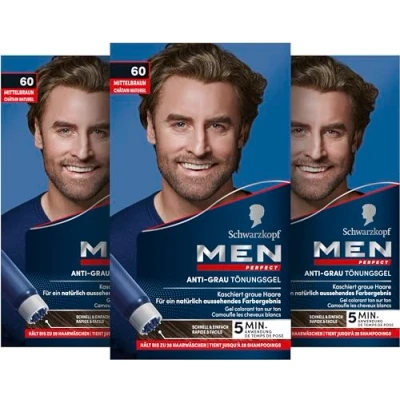 Abbildung von Schwarzkopf Men Perfect Anti Grau Tönungs Gel 60 Mittelbraun (3x 80 ml), Haarfarbe für Männer blendet graue Haare aus, Tönung ein natürlich aussehendes Ergebnis