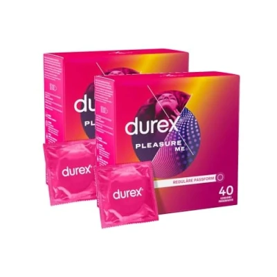 Abbildung von Durex Pleasure Me Kondome mit Noppen &amp; Rippen, anatomischer Easy On Form viel Silikongleitgel befeuchtet 80er Pack (2 x 40 Stück)