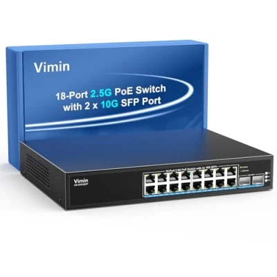 Abbildung von 16 Port 2.5G PoE Switch Unmanaged mit 2X 10Gbps SFP, VIMIN 16x Base T Ports, 10G SFP w/ 120Gbps Ethernet Switching Kapazität, IEEE802.3af/at, 220W, VLAN, Metallgehäuse, Lüfterlos