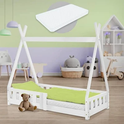 Abbildung von ML DESIGN Kinderbett Hausbett mit Rausfallschutz und Lattenrost Massivholz, Bett 70x140 cm Weiß Matratze 10cm Kiefernholz Zaun