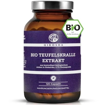 Abbildung von QIDOSHA® Bio Teufelskralle Extrakt Kapseln, 120 Kapseln im Apothekerglas, Rohmaterial in Qualität aus Südafrika, deutsche Fertigung, jede Charge laborgeprüft