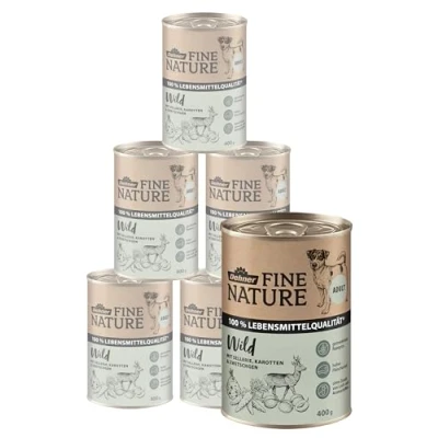 Abbildung von Dehner Fine Nature Hundefutter, Nassfutter in Lebensmittelqualität, für ausgewachsene Hunde, Wild, 6 x 400 g Dose (2.4 kg)