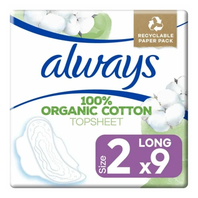 Abbildung von 10x Always Cotton Protection Lange Damenbinden Oberschicht aus 100 % Bio Baumwolle Größe 2 mit Flügeln 9 Stück