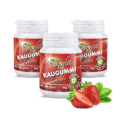 Abbildung von Xylitquelle Zahnpflegekaugummi ERDBEERE 3 x 80 Stk 100% Xylit für angenehmen Atem zuckerfrei, vegan, ohne Aspartam 240 Kaugummis (3er Pack)