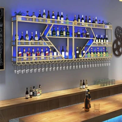 Abbildung von Industrielles Weinregal Wand,Großes Bar Mit LED Leuchten,Flaschenregal,Weinflaschenhalter,Weinhalter,Wine Rack,Weinständer,Weinregal Metall,Bar Regal Wand,Barregal Für Weinkeller,Küche ( Col