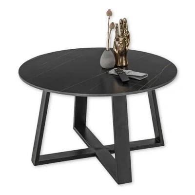 Abbildung von Stella Trading TANEA Couchtisch rund, Schwarz Moderner Wohnzimmertisch mit Keramikplatte und Metallgestell 80 x 45 cm (B/H/T)