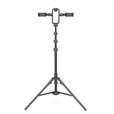 Abbildung von DigiPower Live Broadcast höhenverstellbares Stativ mit 2 Smartphone Halterungen und 1x Blitzschuh Adpater für Licht oder Mikrofon, schwarz