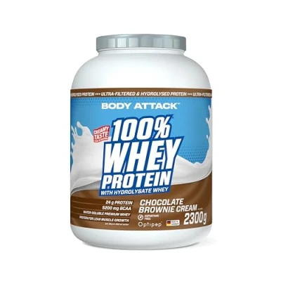 Abbildung von Body Attack 100% Whey Protein Chocolate Brownie 2,3 kg Made in Germany Extra cremiges Eiweißpulver mit Hydrolysat &amp; BCAA&#039;s, unterstützt Muskelaufbau und Diäten Für Sportler Athleten
