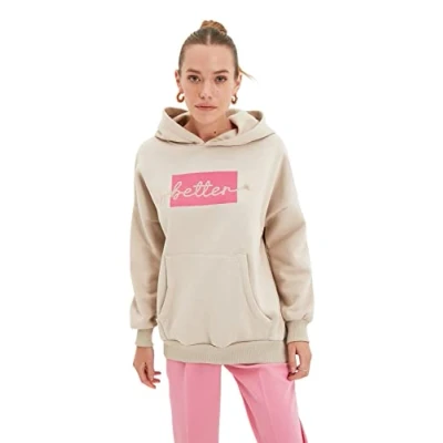 Abbildung von Trendyol Damen Kapuze mit Slogan, reguläres Sweatshirt, Stone, Small